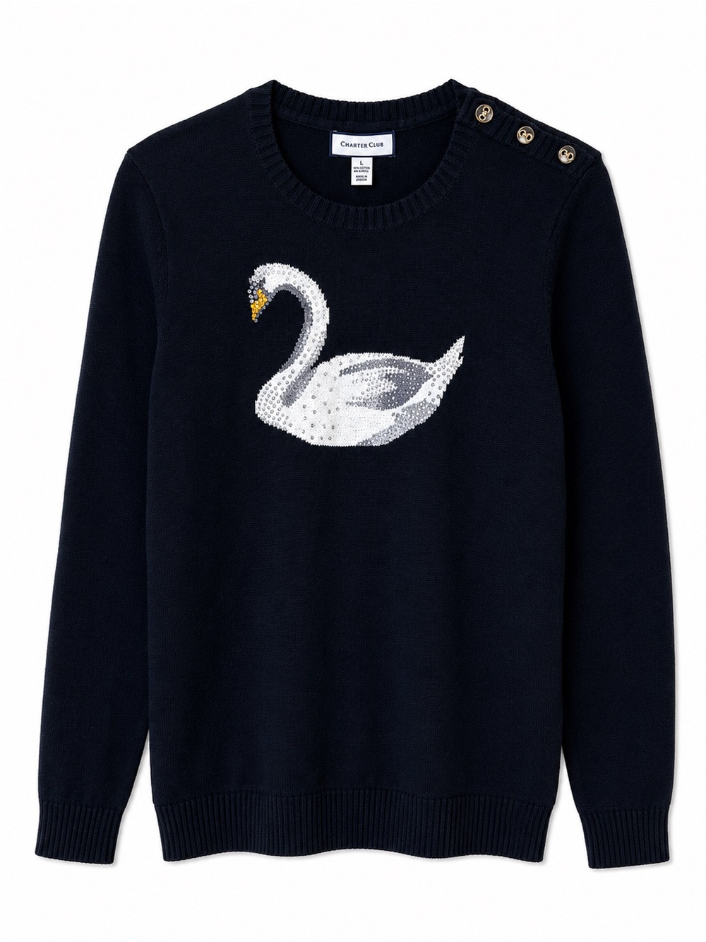 Charter Club Navy Sequin Swan Crewneck Sweater with Shoulder Buttons L Nautical
